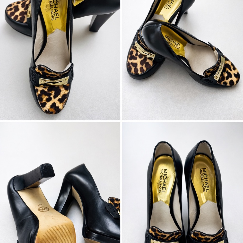 Michael Kors Black Pumps with Leopard Print Toe and Gold Accent